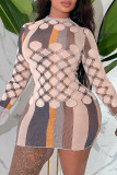 Абрикосовый повседневный принт Базовые платья с круглым вырезом и длинными рукавами