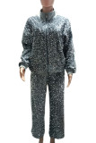 Black Casual Solid Sequins Patchwork Zipper Turndown Collar Long Sleeve Two Pieces