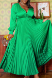 Grön Elegant solid patchwork med bälte veckad V-ringad långa klänningsklänningar (bälte ingår)