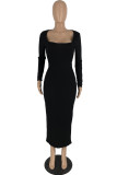 Black Casual Solid Basic U Neck Long Dress Dresses