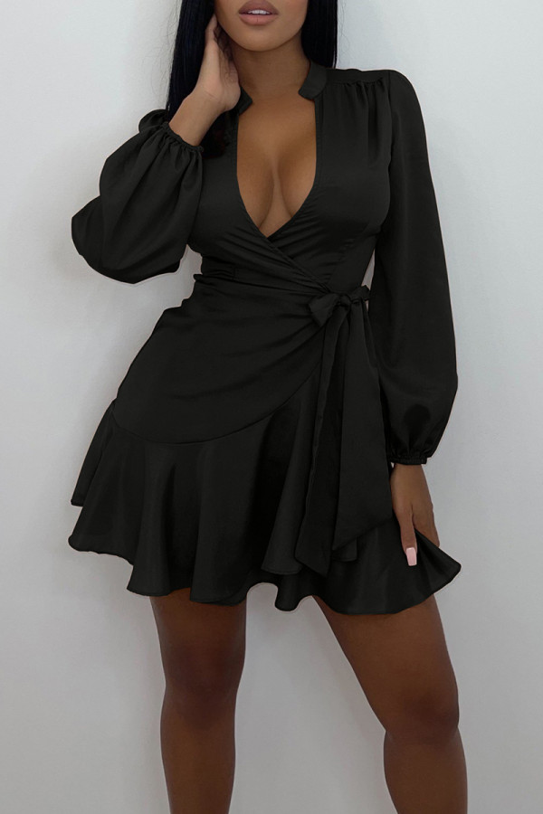 ブラックカジュアルソリッド包帯パッチワークフラウンスVネックワンステップスカートドレス