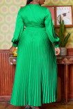 Green Elegant Solid Patchwork With Belt Pleated V Neck Long Dress Dresses（Belt Included）