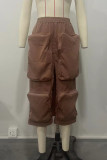 Khaki Street Solid Patchwork Pocket High Opening Zipper Straight High Waist Straight Solid Color Bottoms