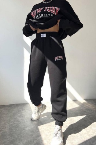 Black Casual Letter Print Basic O Neck Long Sleeve Two Pieces