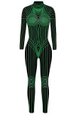 Black Green Sexy Print Patchwork Zipper O Neck Skinny Jumpsuits