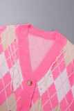 Bottoni patchwork casual rosa con scollo a V e maniche lunghe in due pezzi