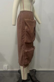 Brown Street Solid Patchwork Pocket High Opening Zipper Straight High Waist Straight Solid Color Bottoms