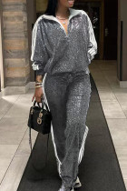 Silver White Casual Solid Sequins Patchwork Zipper Turndown Collar Long Sleeve Two Pieces Sequin Tracksuit Set Sweater Suit