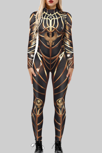 Brown Sexy Print Patchwork Zipper O Neck Skinny Jumpsuits