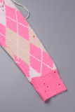 Roze casual patchwork knopen V-hals lange mouw twee stukken