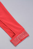 Röd Sexig Casual Solid urholkat Patchwork Hot Drill V-hals långärmade klänningar
