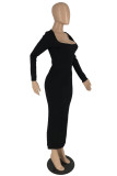 Black Casual Solid Basic U Neck Long Dress Dresses