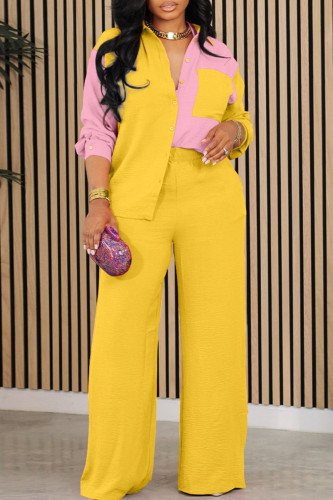 Yellow Casual Color Block Patchwork Pocket Buckle Shirt Collar Long Sleeve Two Pieces