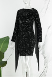 Vestidos de manga larga con cuello en O y lentejuelas ahuecadas con borlas de retazos de fiesta sexy negro