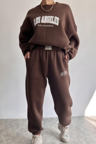 Dark Brown Casual Letter Print Basic O Neck Long Sleeve Two Pieces