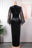 Black Elegant Solid Sequins Patchwork Zipper O Neck Long Dress Plus Size Dresses