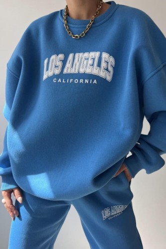 Blue Casual Letter Print Basic O Neck Long Sleeve Two Pieces