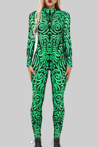 Fluorescerende groene sexy print patchwork skinny jumpsuits met rits en O-hals