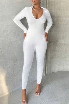 White Casual Solid Backless Hooded Collar Skinny Jumpsuits
