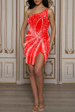 Rode sexy patchwork hete boren rugloze split schuine kraag mouwloze jurk jurken