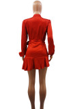 Red Casual Solid Bandage Patchwork Flounce V Neck One Step Skirt Dresses