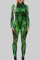 Svart Grön Sexig Print Patchwork Zipper O Neck Skinny Jumpsuits
