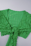 Зеленый сексуальный повседневный однотонный бандажный асимметричный V-образный вырез с длинным рукавом из двух частей