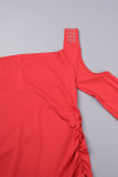 Röd Sexig Casual Solid urholkat Patchwork Hot Drill V-hals långärmade klänningar