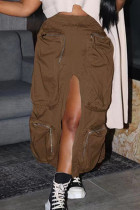 Braune Street Solid Patchwork-Tasche mit hohem Öffnungsreißverschluss, gerade, gerade, einfarbige Hose mit hoher Taille