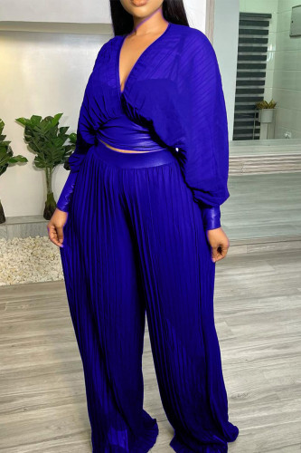 Blue Casual Solid Patchwork Pleated V Neck Plus Size Two Pieces