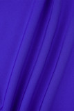 Blauer, eleganter, solider Patchwork-Falten-Halbrollkragenpullover mit langen Ärmeln, Zweiteiler