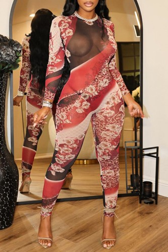 Red Casual Print See-through O Neck Skinny Jumpsuits