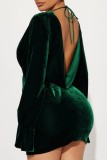 Verde casual sólido frênulo sem costas com decote em V vestidos de manga comprida