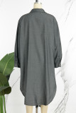 ディープブルー カジュアル ソリッド パッチワーク 非対称 シャツカラー 長袖 レギュラー デニム ドレス