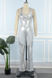 Silver Sexy Casual Solid Patchwork U Neck Sleeveless Two Pieces