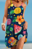 Geelblauwe casual print patchwork spaghettibandjes bedrukte jurk Jurken