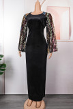 Zwarte elegante effen pailletten patchwork rits O-hals lange jurk plus maten jurken