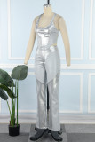 Silver Sexy Casual Solid Patchwork U Neck Sleeveless Two Pieces