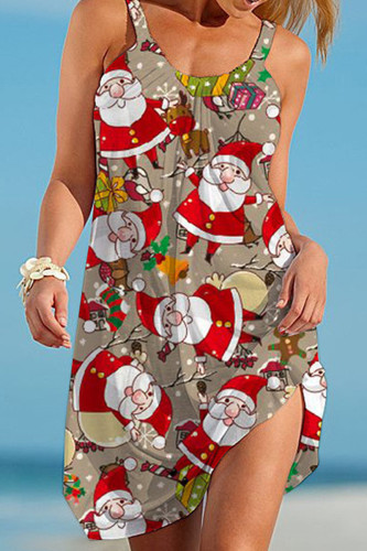 サンタクロース カジュアル プリント パッチワーク スパゲッティ ストラップ プリント ドレス ドレス