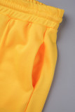 Gelbe, lässige, solide Patchwork-Tasche mit Kordelzug, O-Ausschnitt, lange Ärmel, zweiteilig
