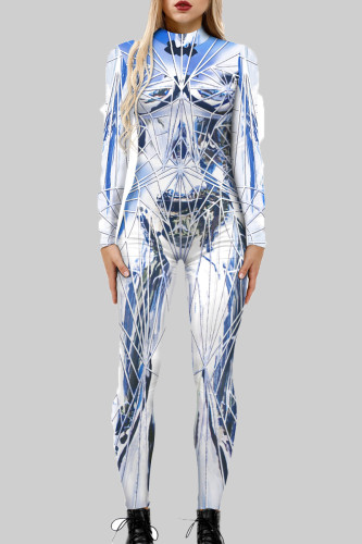 White Sexy Print Patchwork Zipper O Neck Skinny Jumpsuits