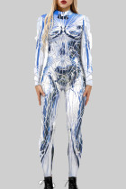Witte sexy print patchwork rits O-hals skinny jumpsuits