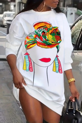 White Casual Print Basic O Neck Long Sleeve Dresses