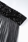 Zwart sexy feest patchwork kwastje uitgeholde pailletten O hals lange mouwen jurken
