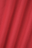Rosa vermelho casual sólido patchwork cordão cordão bolso gola redonda manga comprida duas peças