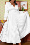 Patchwork sólido elegante branco com cinto plissado com decote em V Vestidos longos (cinto incluído)
