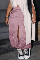 Pink Street Pantalones rectos de color sólido con bolsillo de parches lisos con cremallera y apertura alta rectos de cintura alta