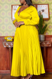 Желтые элегантные однотонные лоскутные платья с поясом и плиссировкой, длинные платья с V-образным вырезом (ремень в комплекте)