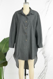 Schwarzgraue, lässige, einfarbige, asymmetrische Patchwork-Jeanskleider mit Hemdkragen und langen Ärmeln