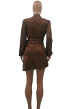 Coffee Casual Solid Bandage Patchwork Flounce V Neck One Step Skirt Dresses